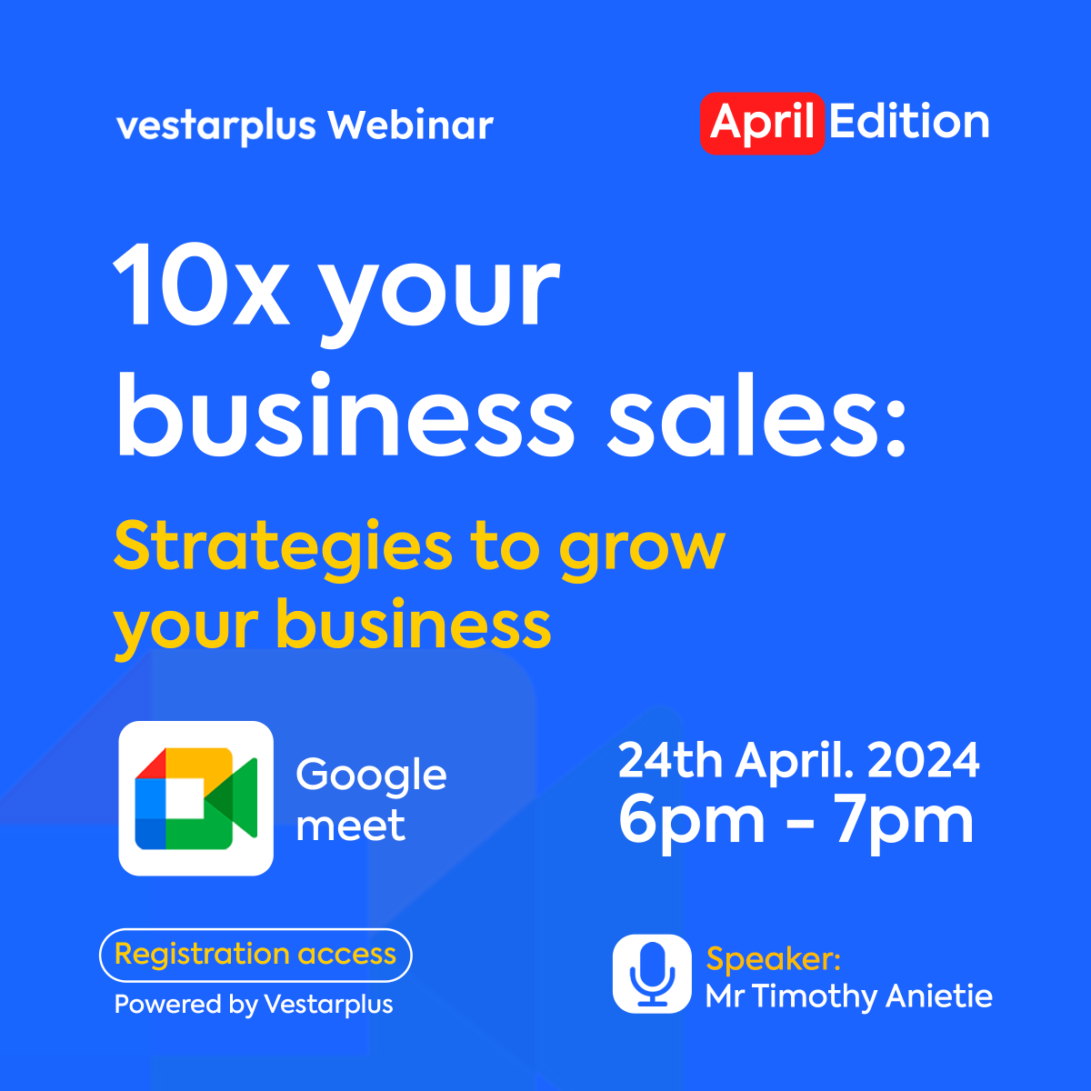 Come learn from our guest speaker, @timothy_anietie, at our educational webinar on 'ways on how to grow your business sales 10x' on April 24, 2024. There's a link in our bio. #webinar #webinargratis #businessowner #business #rebranding #rebranding