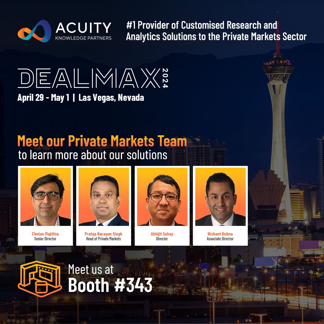 Acuity Knowledge Partners is excited to be a Growth Champion sponsor at DealMAX 2024. Don’t miss this opportunity to connect with our Private Markets Team at Booth #343 #DealMAX2024 #PrivateMarkets #PrivateEquity #VentureCapital #PrivateCredit