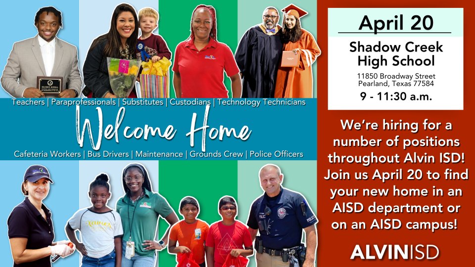 Come see us tomororow and find out how you can join the Alvin ISD team!!