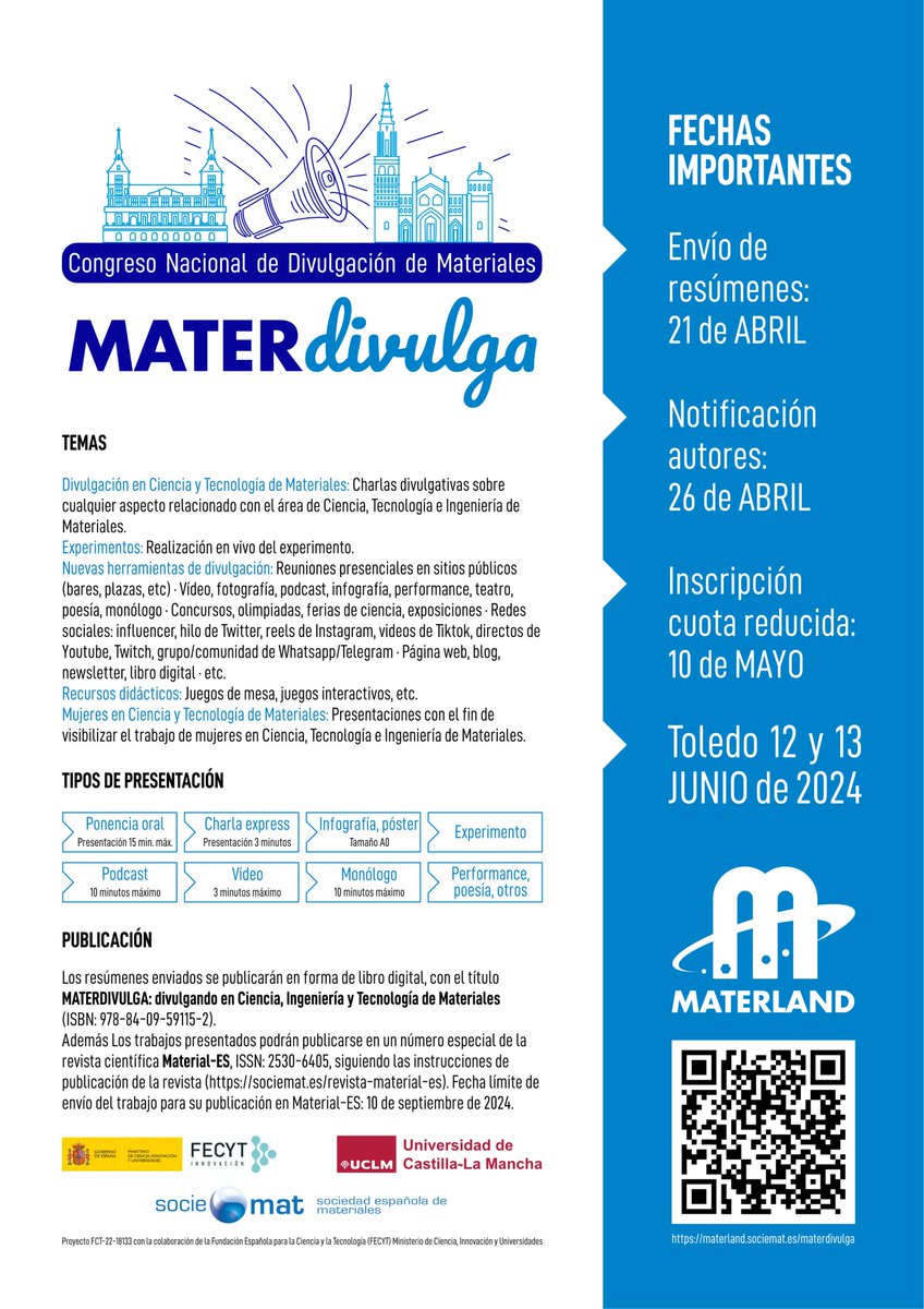 materlandfct's tweet photo. Ven al #Congreso Nacional de #Divulgación de #MATERIALES #materdivulga2024

🥁Envía tu resumen antes del 21 de abril 

📍#Toledo 
🗓️12 y 13 de junio 2024  
▶️https://t.co/KmBEHJvuhw

@FECYT_Ciencia @uclm_es @SOCIEMAT https://t.co/02CYCoDJgA