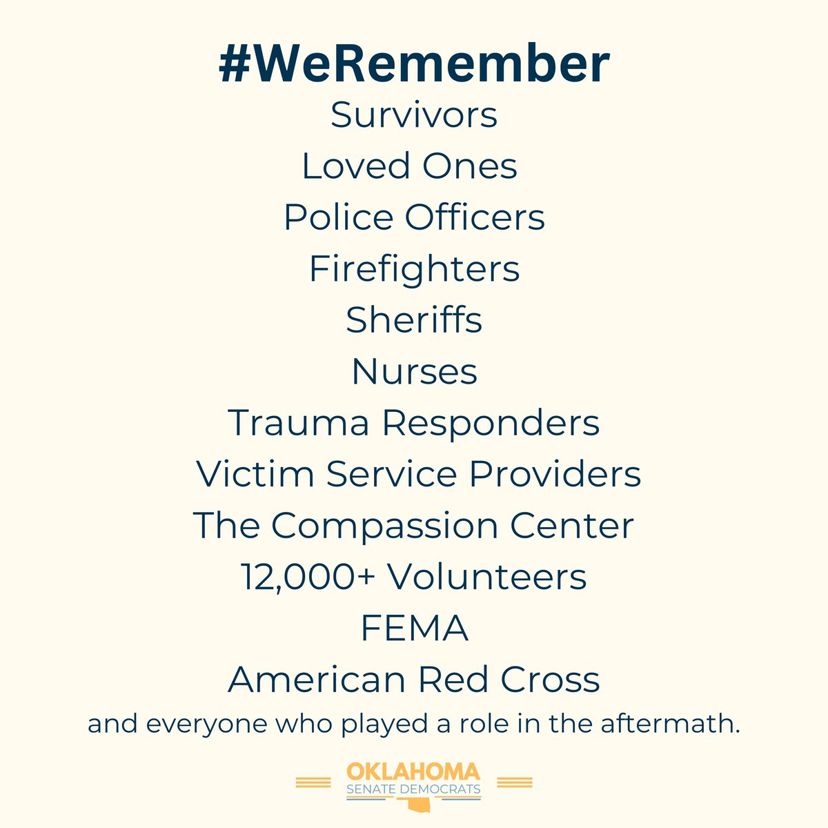 We honor the 168 lives lost & all those whose lives were forever changed. We continue to thank all of the first responders, agencies, and volunteers who stepped up to care for our community in the wake of this tragedy. Reject extremism & take care of one another #OklahomaStandard