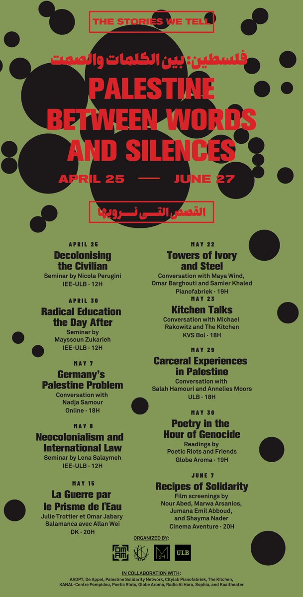 Looking forward to the conversations, poetry, films and music with these incredible scholars, artists and filmmakers. Thanks to @omamulb, @REPI_ULB and all collaborators and to Siwar Kraytem for the gorgeous designs.