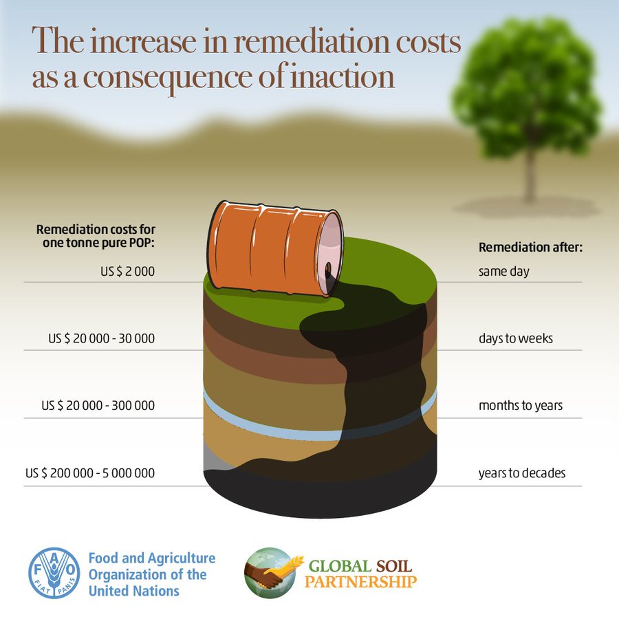 #Soil pollution impacts 🍎 the food we eat 💨 the air we breathe and 💦 the water we drink!

Learn about the costs of remediation and its increase over time in the Global Assessment of Soil Pollution: doi.org/10.4060/cb4827… 
@FAOLandWater #SoilHealth #SoilPollution