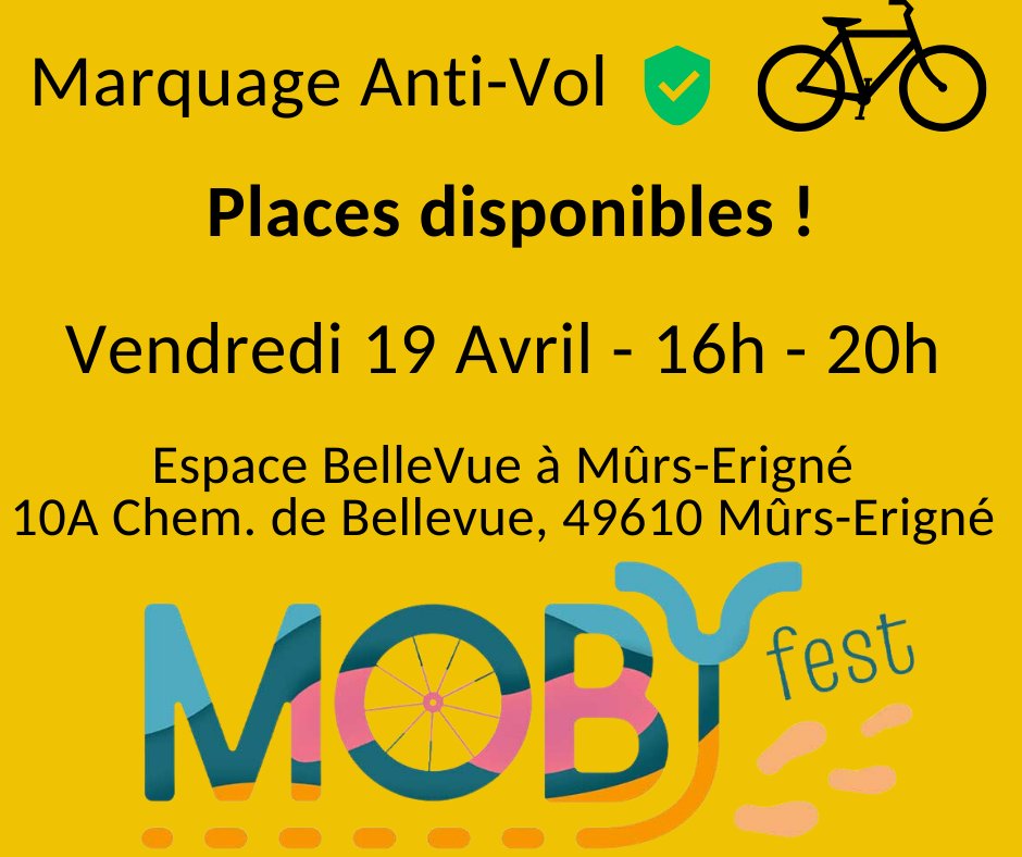 On vous retrouve cet après-midi au Moby Fest de Mûrs-Erigné ! Plusieurs places disponibles pour faire graver votre vélo contre le vol ! Rendez-vous à l'espace BelleVue à partir de 16h et Inscriptions sur placeauveloangers.fr.