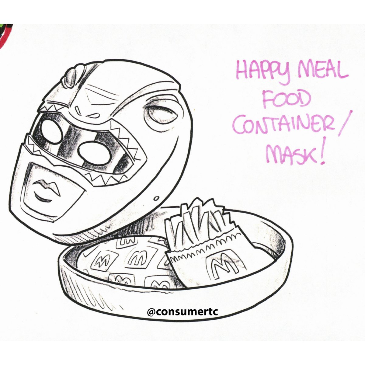 Power Rangers were the biggest thing going in the mid-90s, so McDonald's considered all kinds of ideas to collaborate with them. One of the best concepts that didn't get produced was this mask-shaped Happy Meal box. (1995)