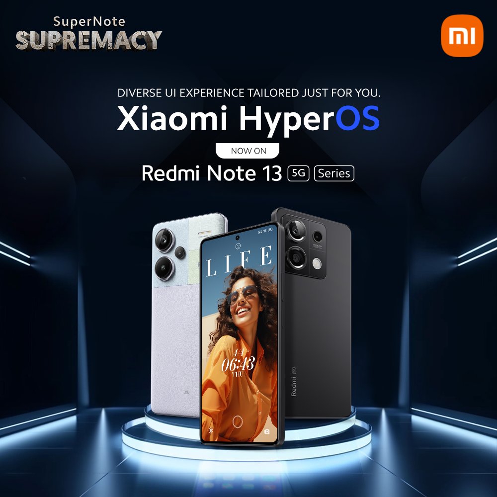 #SuperNote SUPREMACY now with Xiaomi HyperOS.🎉 With #XiaomiHyperOS say hello to enhanced performance and unparalleled user experience | Now available on the #RedmiNote13 5G Series.😍