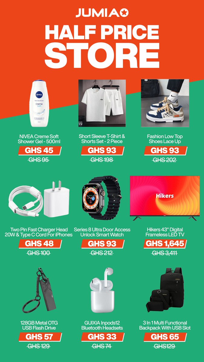 Shop for half the price!

Click here to shop>>> bit.ly/3U8vdC2

#JumiaGhana #Jumia #JumiaDeals #HalfPrice #dealsdealsdeals