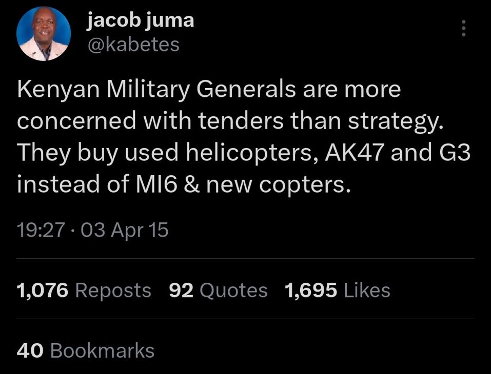 This man Jacob Juma was 30 years ahead of us. Since 2012, Kenya Air Force has lost 12 aircrafts, while the National Police Service has lost 5, underscoring a thorough review of the airworthiness of State-owned aircrafts.