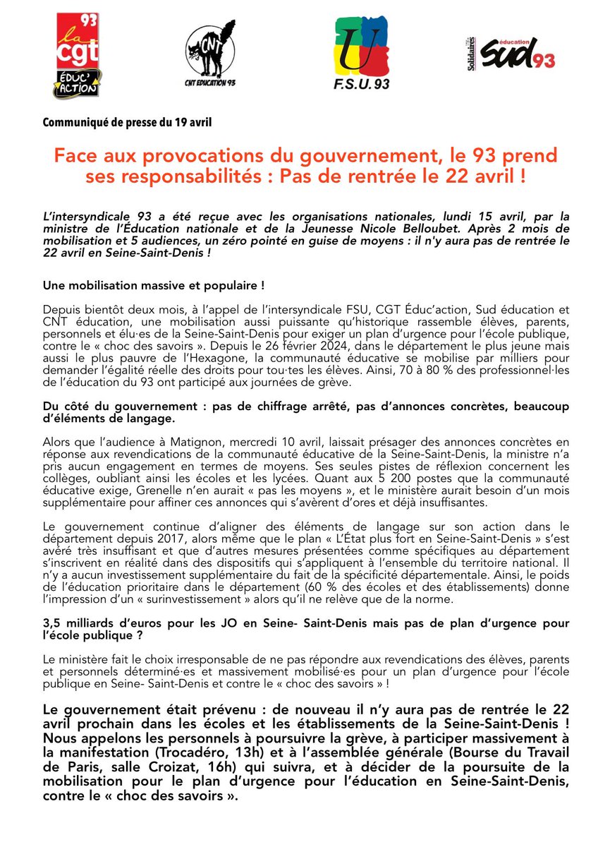 🔴 Face aux provocations du @gouvernementFR, le 93 prend ses responsabilités : pas de rentrée le 22 avril ! 🪧✊🔥 🗣️📣 En grève pour un #plandUrgence93, contre le « choc des savoirs » ! 📅 lundi 22 avril 🕐 13h 📍 Trocadéro @SNUipp_FSU93 @93Fsu @SnesFsuCreteil @SNESFSU