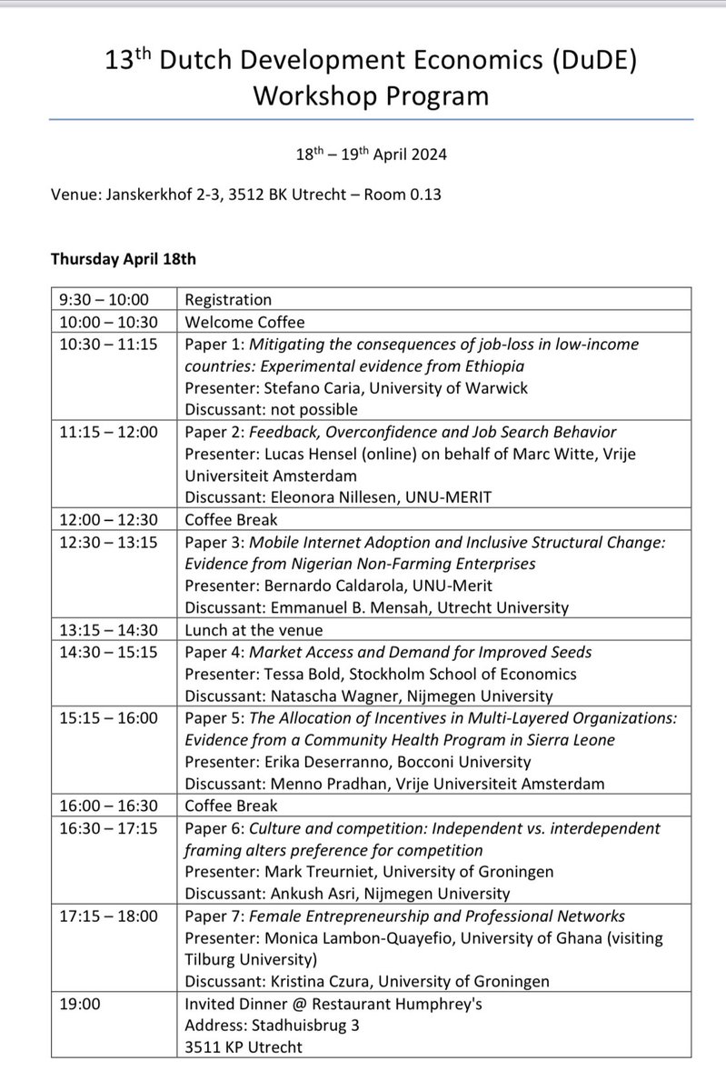DaltonPato's tweet photo. So happy that the 13th Dutch Development Economics (DuDE) Workshop was a success! 1,5 intense days with great talks and deep discussions about first order problems in development economics. Thanks to all speakers, discussants, audience and organizers! https://t.co/mSwjwITyRA