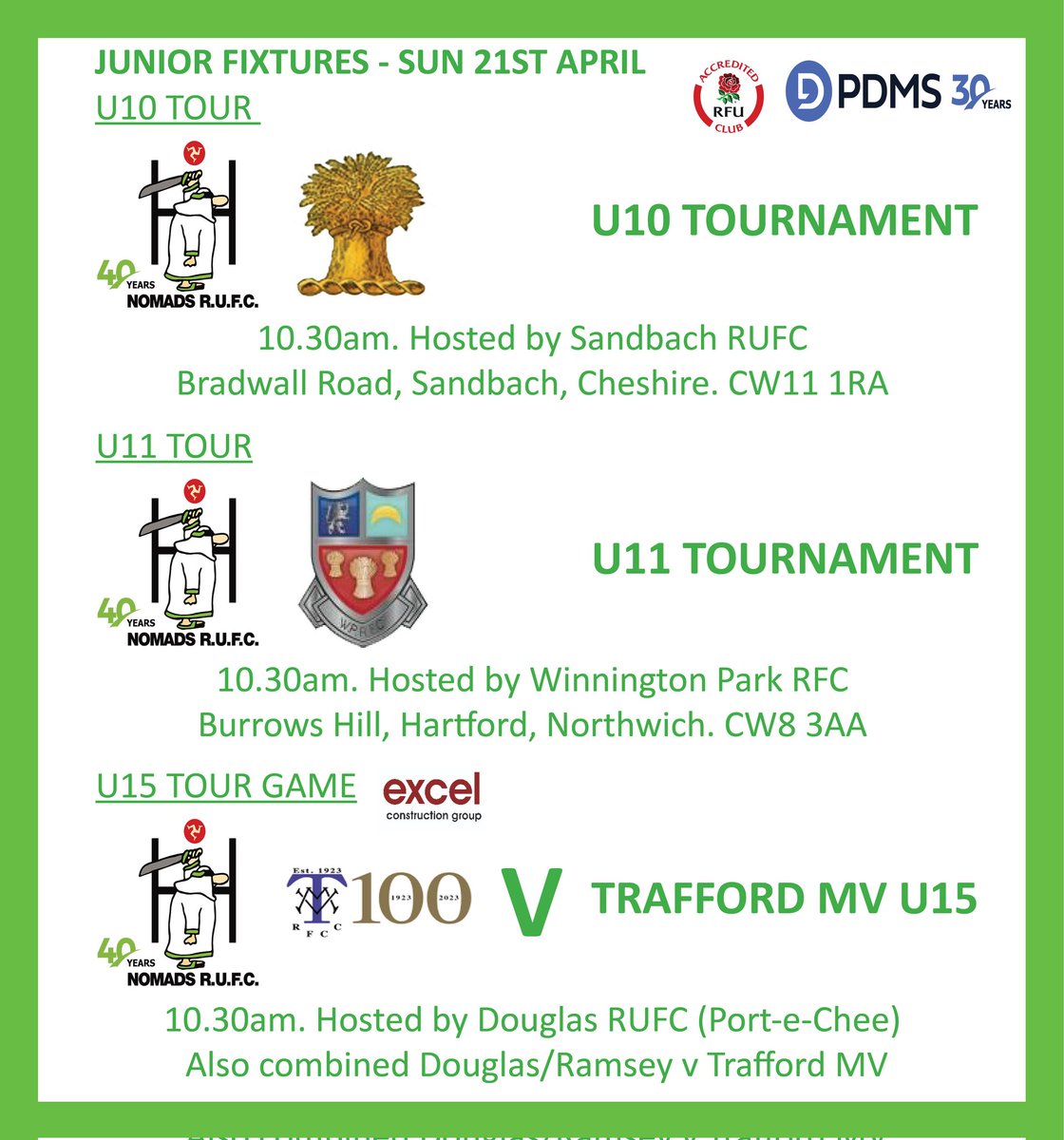 This weekend, our U10 and U11 sections are off on tour, competing in their respective age group tournaments hosted by @SandbachRUFC & @WPRFC_Rugby

Whilst our U15s make the short trip to Douglas as they host @TraffordMv.

Good luck to all 3 sides!

#wearenomads #proudlymanxrugby