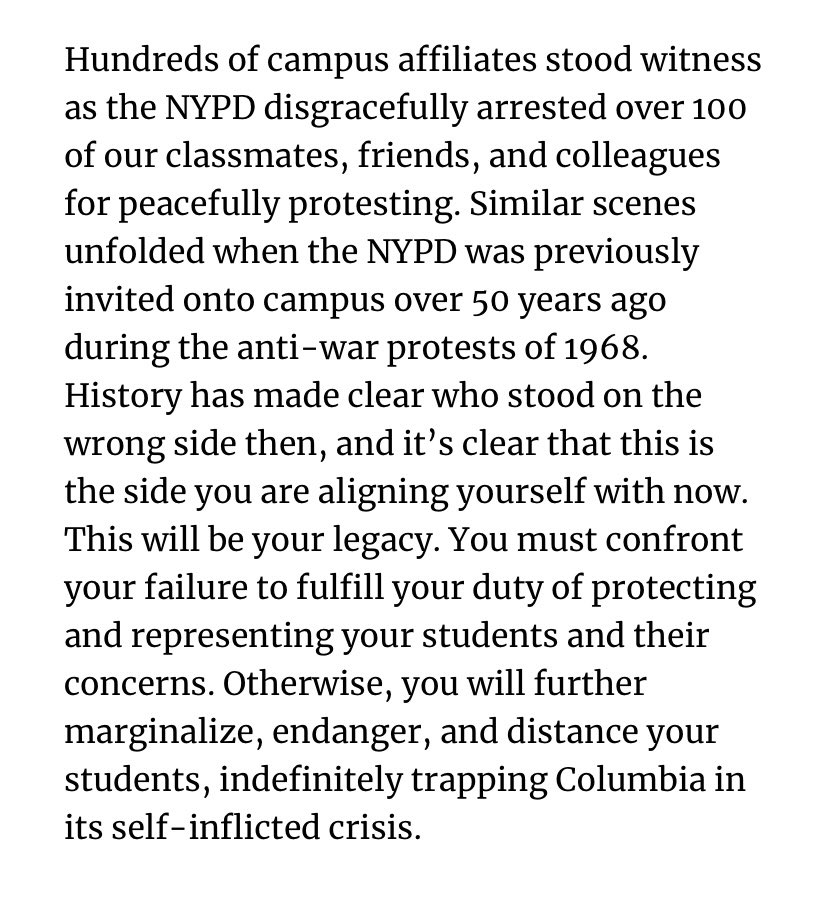 The @ColumbiaSpec editorial board to university president Minouche Shafik on yesterdays crackdown on peaceful student protesters: columbiaspectator.com/opinion/2024/0…