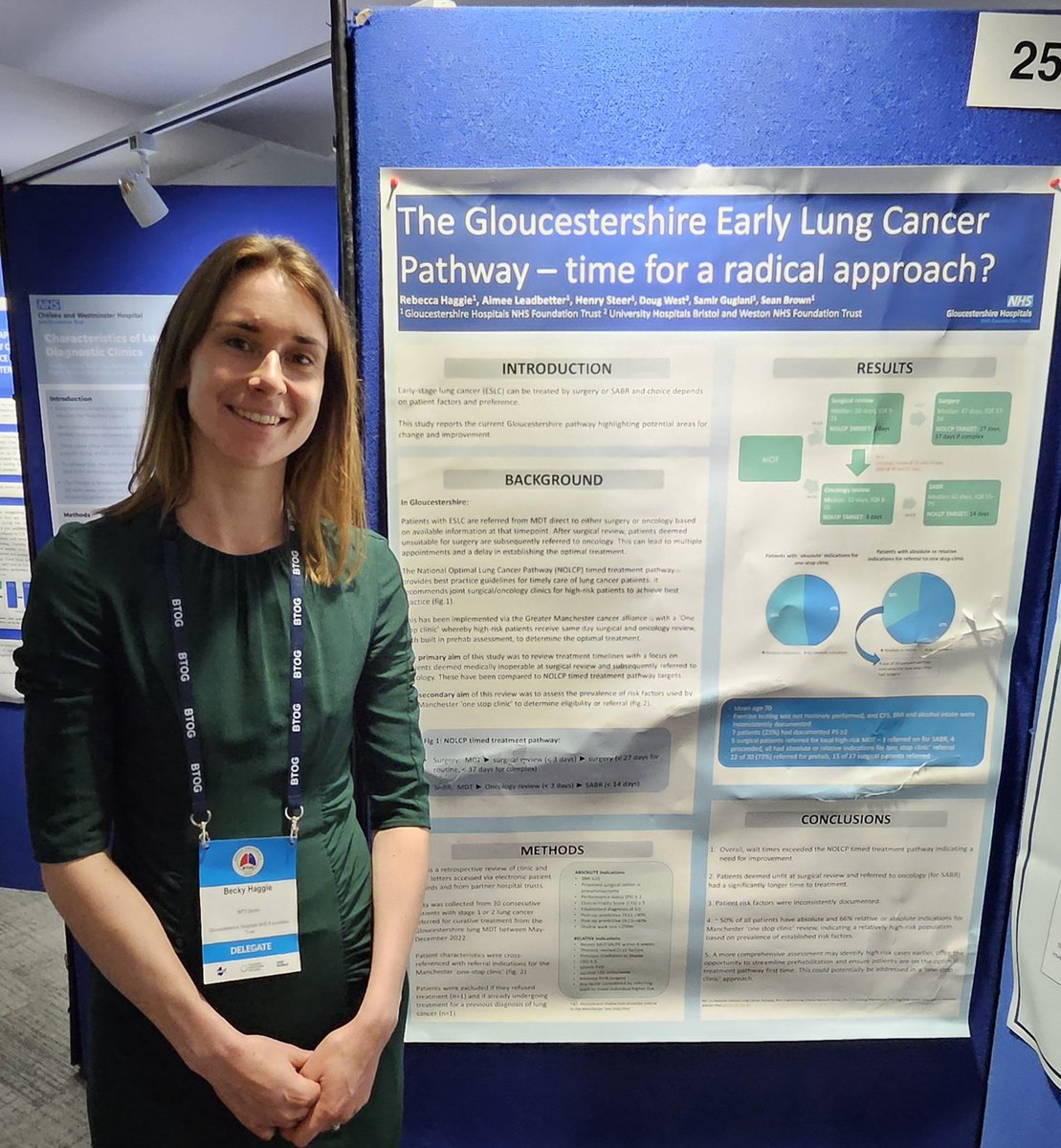 Very proud of Dr Becky Haggie who presented her poster on the Gloucestershire early lung cancer pathway  - well done! #BTOG24