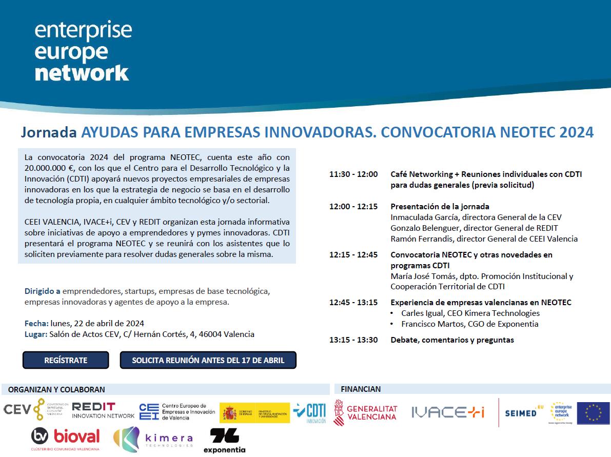 CEV_CV's tweet image. 📣 ¿Conoces las ayudas para empresas innovadoras?

👉 El lunes presentamos la Convocatoria #NEOTEC2024
📍 11.30 horas - C/ Hernán Cortés, 4. #Valencia 

⌨️¡Inscríbete!  seimed.eu/event/jornada-…