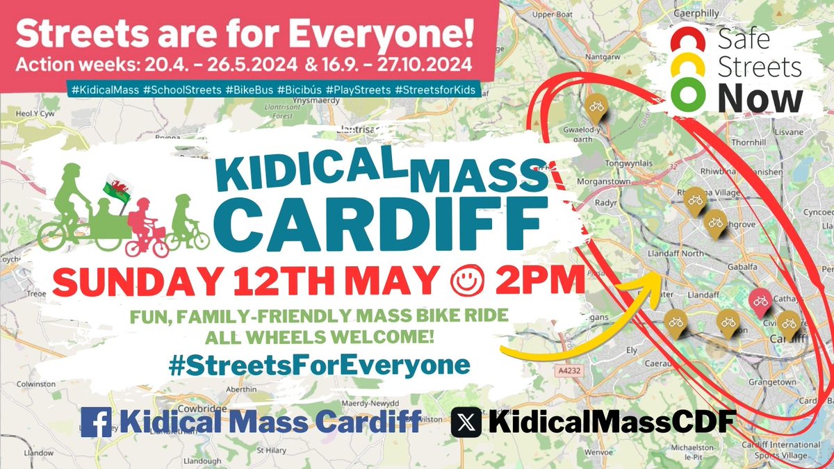 AMAZING to see so many #BikeBus registered to take part in #KidicalMass International Action Weeks in April & May to demand #StreetsForEveryone in #Wales! Join @KidicalMassCDF on SUNDAY 12TH MAY @ 2PM for a family-friendly mass ride in #Cardiff 🚲🎶✊🏴󠁧󠁢󠁷󠁬󠁳󠁿 #SafeStreetsNOW