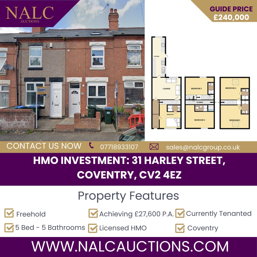 31 Harley Street Coventry CV2 4EZ

HMO investment formed as 5 Bedroom 5 Bathroom accommodation. Being well let.

#Hmoforsaleincoventry #landlords #hmoforsale #highyieldinvestment #realestate #auctioneers #nalcauctions #property