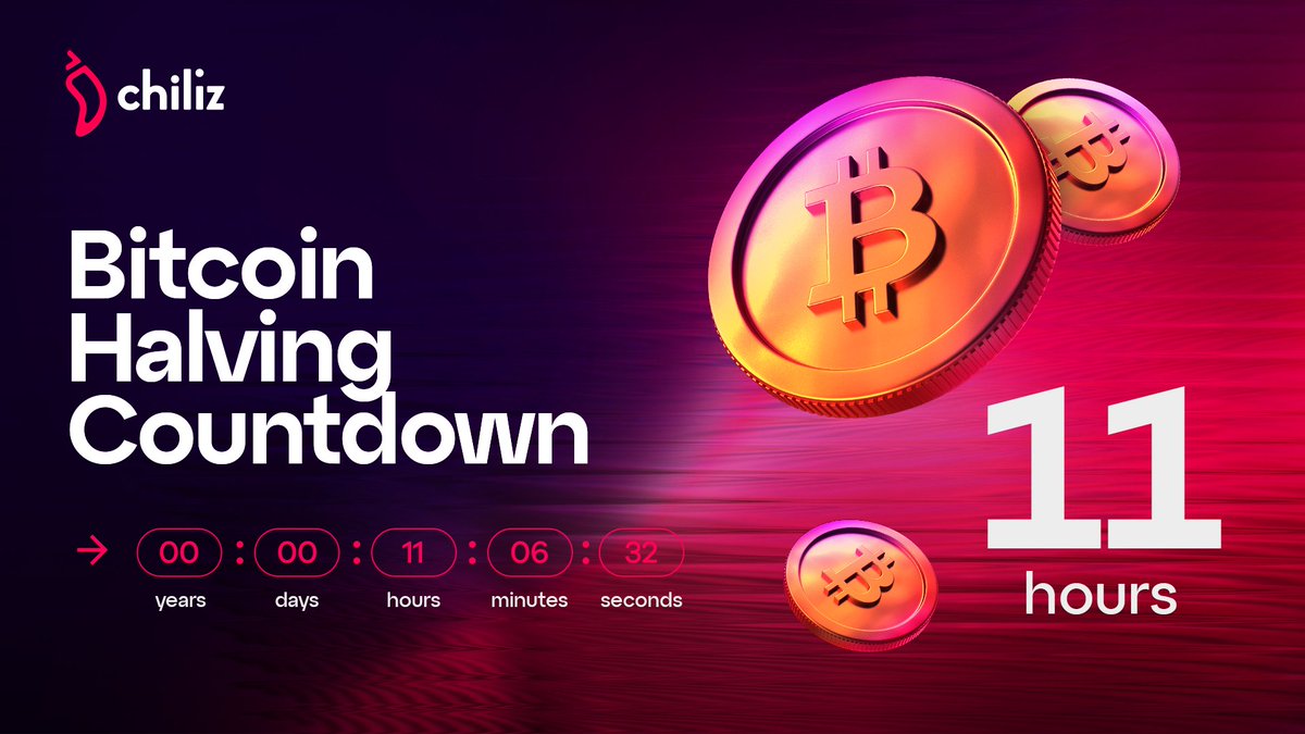 𝐁𝐢𝐭𝐜𝐨𝐢𝐧 𝐇𝐚𝐥𝐯𝐢𝐧𝐠 𝐂𝐨𝐮𝐧𝐭𝐝𝐨𝐰𝐧 ⌛ The Bitcoin Halving is  expected to take place in around 11 hours. ⏰ Block: 839,923/840,000. 77  more blocks to be mined. #BitcoinHalving ⚡️ $CHZ