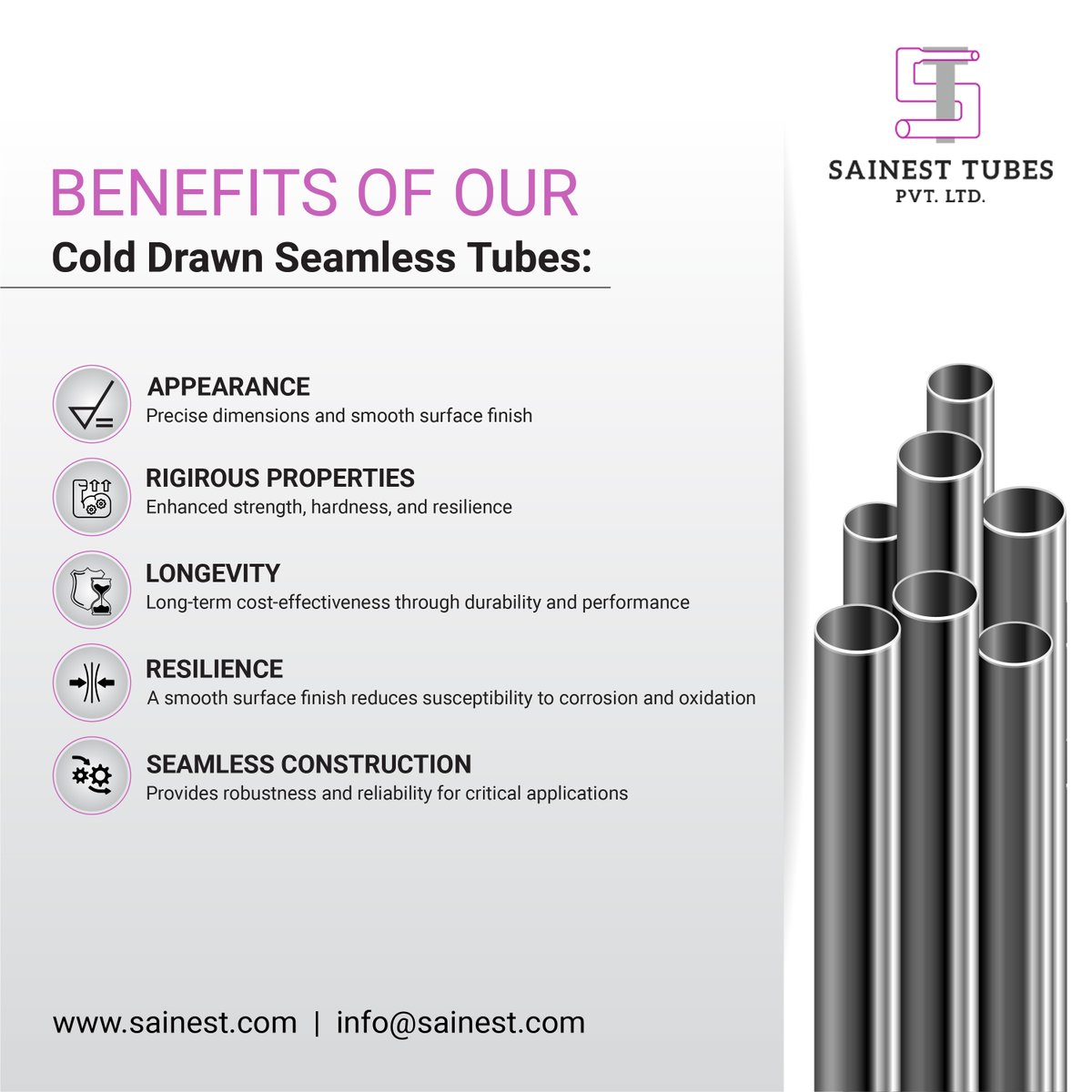 Elevate projects with precision, longevity, corrosion resistance, and seamless reliability.
.
.
.
#ColdDrawnTubes #PrecisionEngineering #Longevity #SeamlessConstruction #ReliablePerformance #IndustrialMaterials #ConstructionProjects #QualityAssurance #SainestTubes