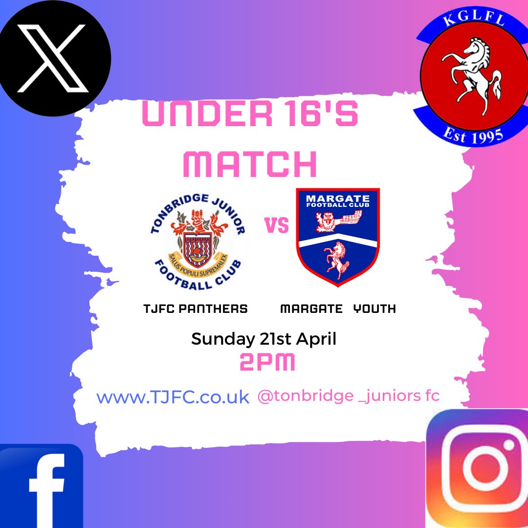 Under 16 Girls Fixture (Sunday 21st April)

We look forward to playing @margate_fc 
@KentFA  @KGLFL  @whatsoninkent  #Under16 #TJFCPanters #TJFCgirls #girlscanplaytoo #Homegame #margateyouth #GirlsfootballinTonbridge #tonbridgejuniorsfootballclub