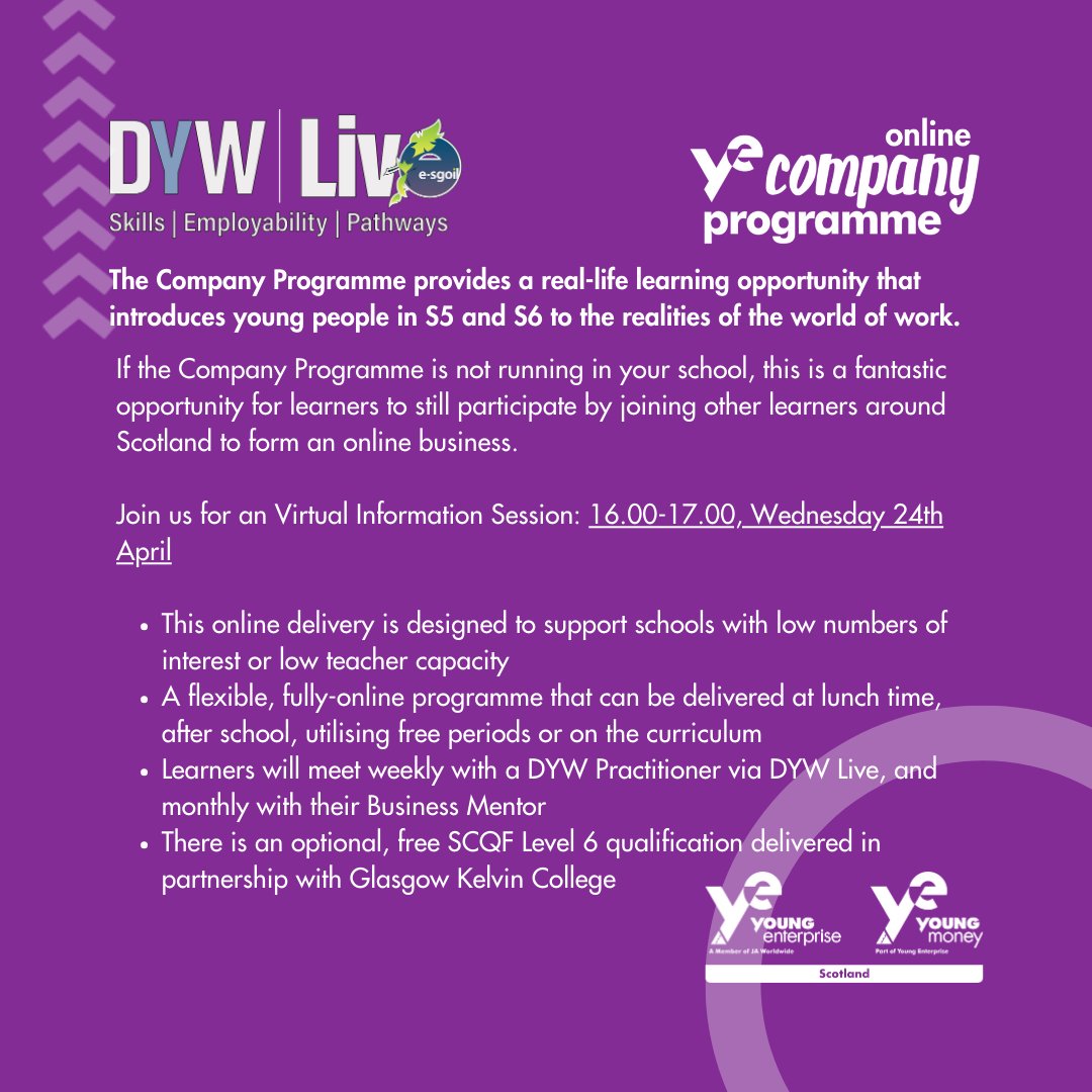 ONLINE COMPANY PROGRAMME INFO SESSION Wednesday 24th April 4pm - 5pm Fill in the form & join us to discuss further. 🔗 bit.ly/DYWLive24-25EOI @eSgoil @EducationScot @DYWScot @YE_Scotland #NeLO @DYWshetland @DYWNH_skills @DYWWestHighland @OrkneyDYW