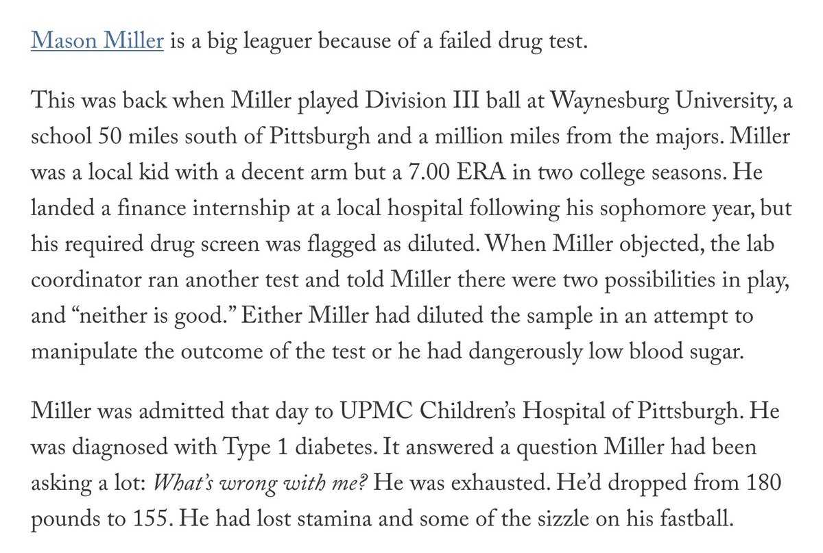 Oakland A's closer Mason Miller went from a D3 pitcher with a 7 ERA to the hardest-throwing pitcher in the majors. That transformation started with a failed drug screen and a diabetes diagnosis. theathletic.com/5410939/2024/0…