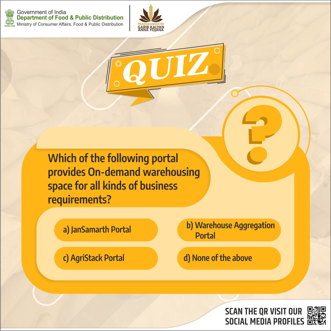 Take a guess! It's quiz time! 

Which portal provides On-demand warehousing space? 

Comment down your answers below.

#Quiz #Tech4FoodSecurity 
@WDRA6
