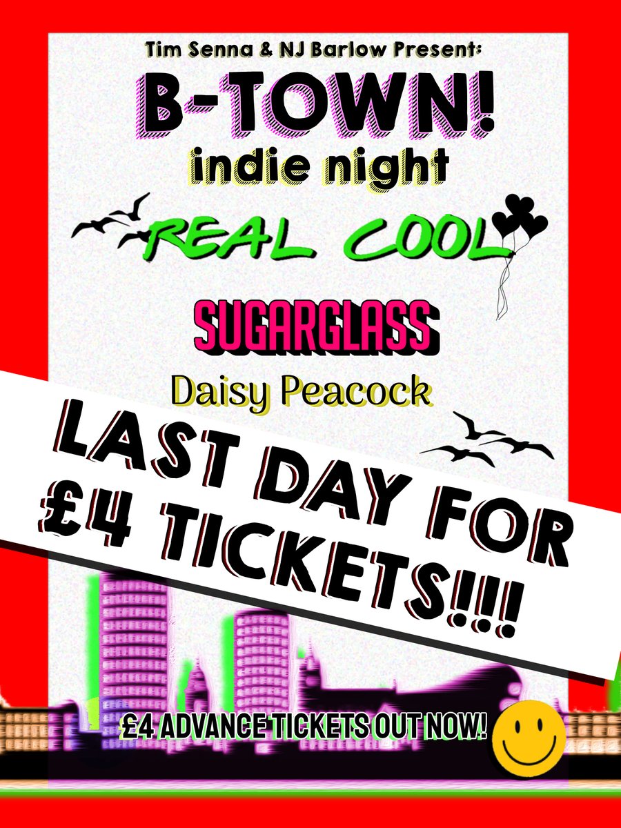 It is the LAST DAY you can buy cheap £4 tickets for <a href="/btowngignight/">B-Town!</a> ‼️

From 6pm the price will be increasing so grab them now to avoid disappointment &amp; help support amazing independent artists &amp; venues in Birmingham ✌️

seetickets.com/event/b-town-i…