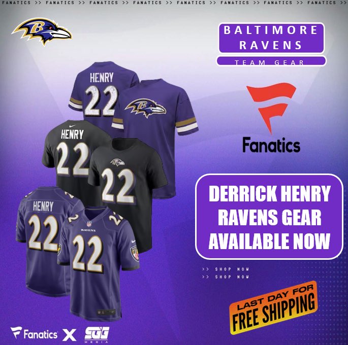 DERRICK HENRY BALTIMORE RAVENS GEAR AVAILABLE NOW, @Fanatics RAVENS FANS‼️Be the first to get your Derrick Henry Ravens gear. Order now and receive FREE SHIPPING using this PROMO LINK: fanatics.93n6tx.net/RAVENSDEAL📈 HURRY! SUPPLIES GOING FAST!🤝