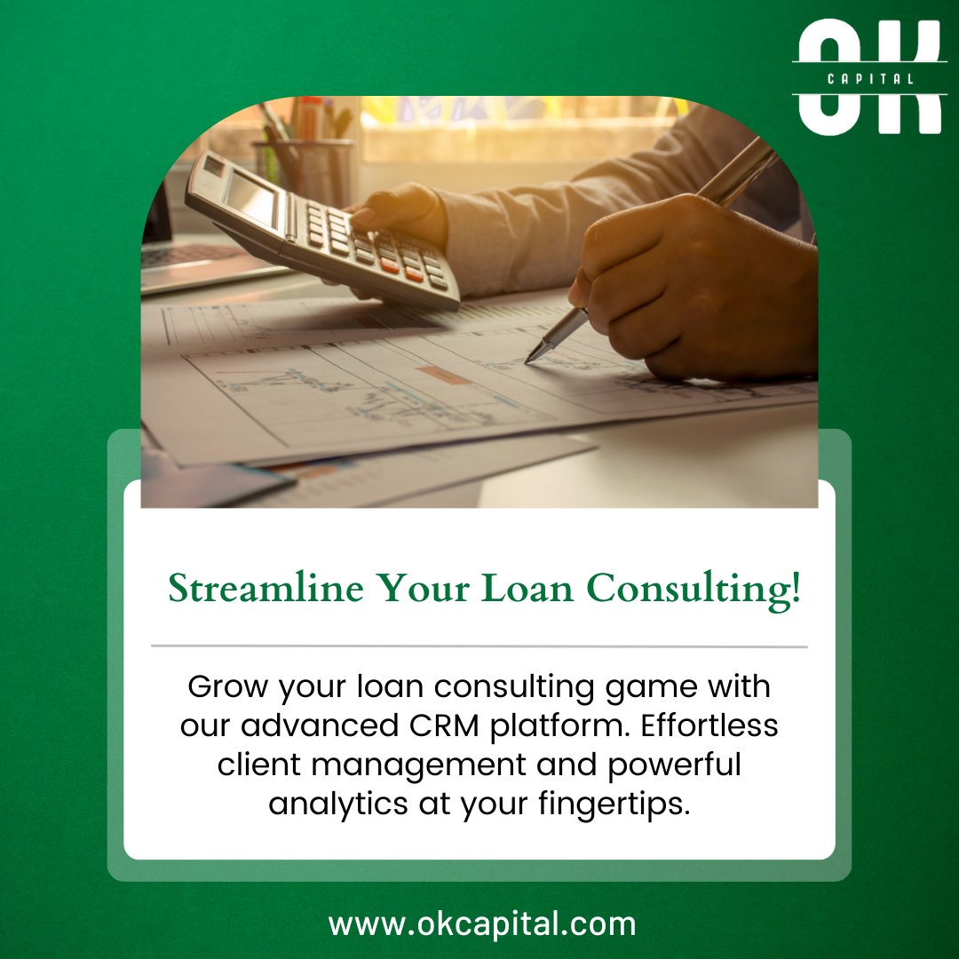 STREAMLINE YOUR LOAN CONSULTING!

Grow your loan consulting game with our advanced CRM platform. Effortless client management and powerful analytics are at your fingertips.

To know more visit our website 👉okcapital.com

#loanconsulting #crmplatform #advancecrmplatform