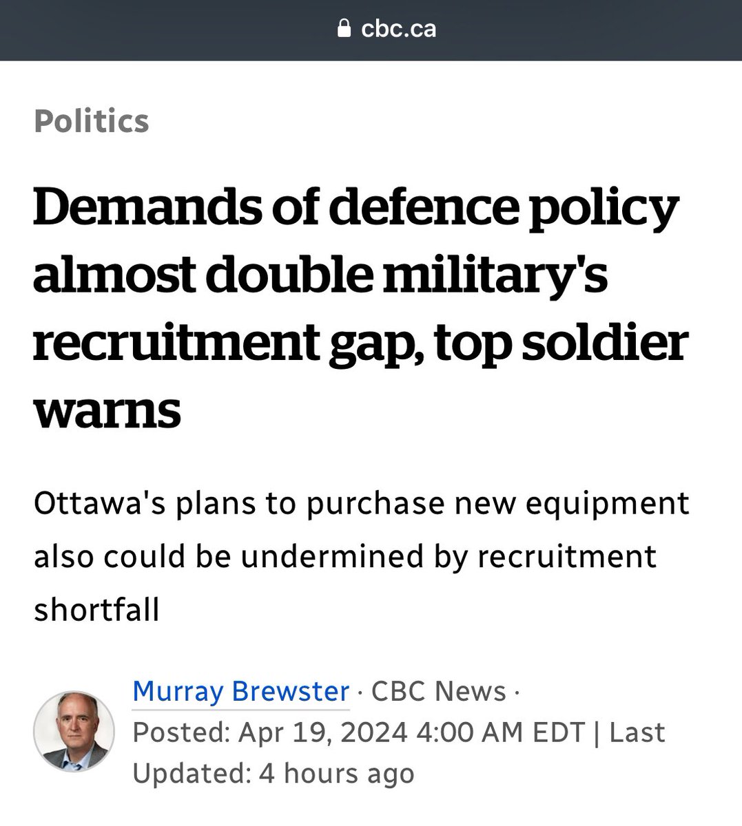 CBC: “Minister Blair estimated the military is short up to 16,500 mbrs & said the failure to boost recruitment is leading it into a ‘death spiral.’ But the Gen Eyre, told CBC…that the problem is actually bigger than the #s cited by the minister suggest.” cbc.ca/news/politics/…