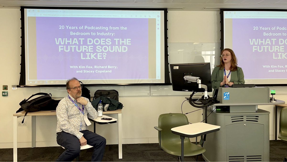 Kicking off our roundtable discussion at #MI2024 (the last time block of the conf): 20 Years of Podcasting from the Bedroom to an Industry: What Does the Future Sound Like? #podcaststudies 

Pictured: @richardberryuk and @ASCopeland. Photo by @KimFoxWOSU