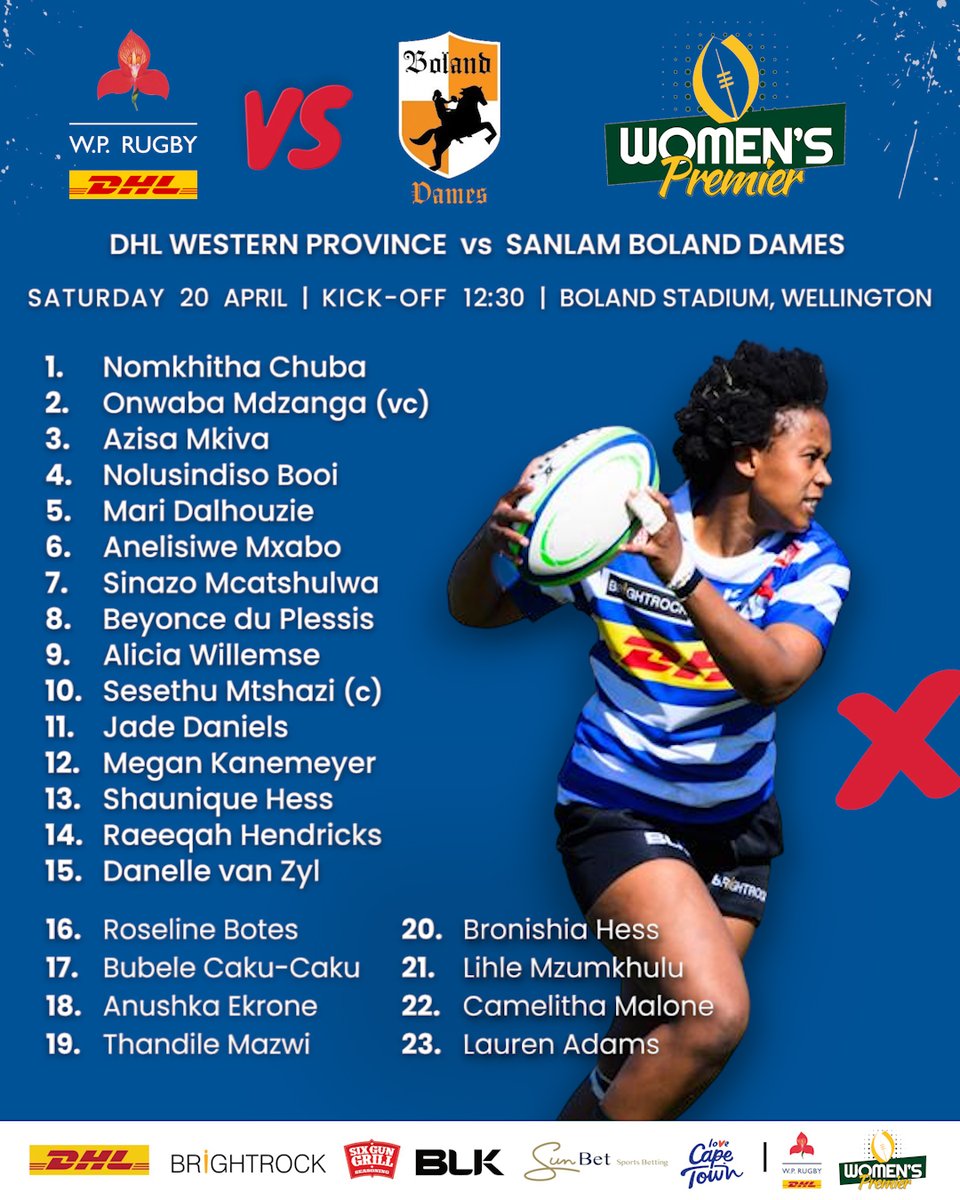 Here is the DHL WP Women's team for the Cape derby against Boland Dames in Wellington on Saturday. The match will be live on Supersport Schools. #wpjoulekkerding