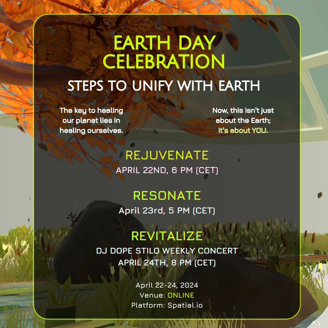 You're Invited to the 3-Day Earth Day Celebration 🌎
'When you change yourself, you change the world!' @xperienzclub 

Head to @spatialio & search for the event space: 
[The Garden- Earth Day Event] 

Huge thanks to @Lisbet_Spatial, @iraxlab & @DopeStilo 👏😍