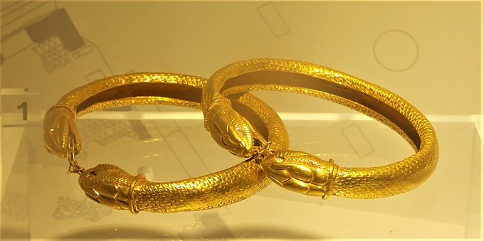#FindsFriday
Over 300 bodies found on Herculaneum beach, killed in 79AD eruption of Vesuvius, some wearing or carrying precious possessions in bags/boxes.
Among them were long gold necklaces + gold bracelets/armlets, including these worked with snake heads.
In the Antiquarium.