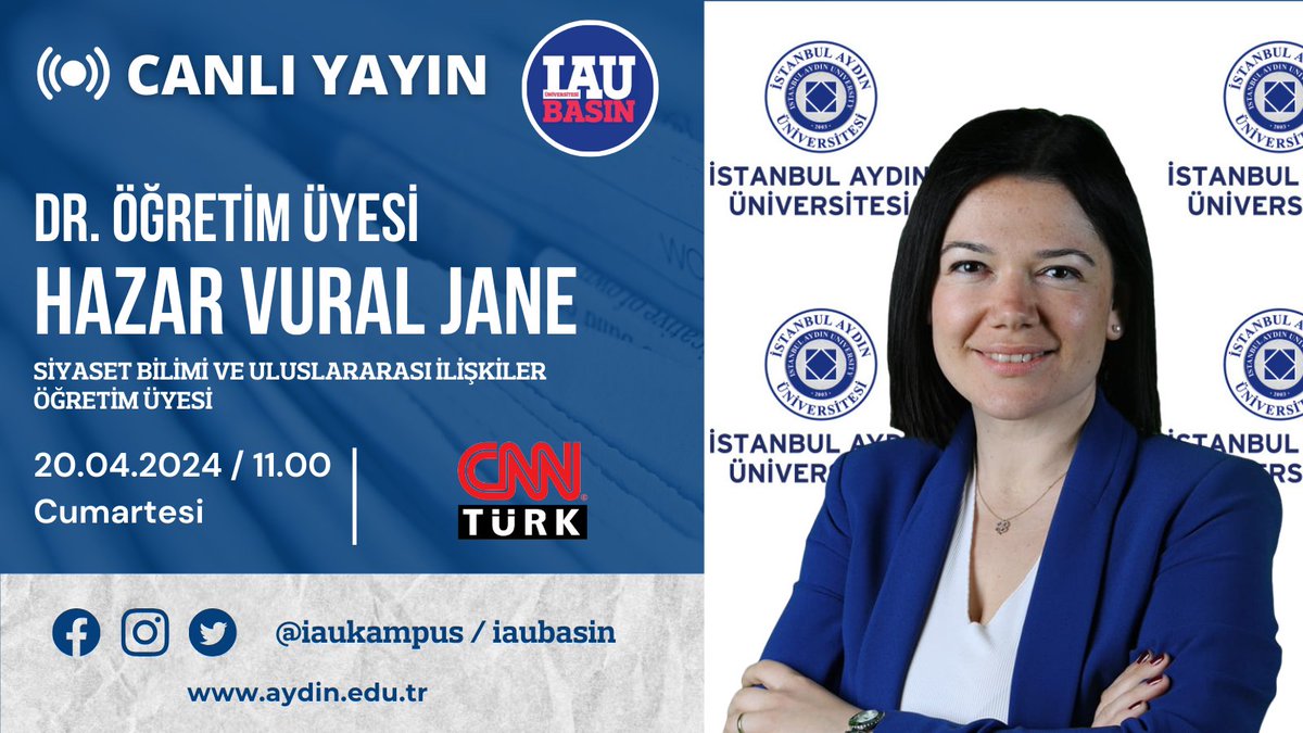 📺 Öğretim üyemiz Dr. Hazar Vural Jane, dış politika gündeminde yaşanan son gelişmeler hakkında değerlendirmelerde bulunacak. İzlemek için 📷 cnnturk.com/canli-yayin @IAUKampus @drmaydin @marecaspian @cnnturk @iauiibf_