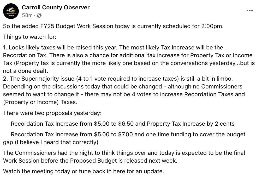 So the added FY25 Budget Work Session today is currently scheduled for 2:00pm.

See image for more details.

facebook.com/CarrollObserve…

#CarrollCountyMD #Maryland