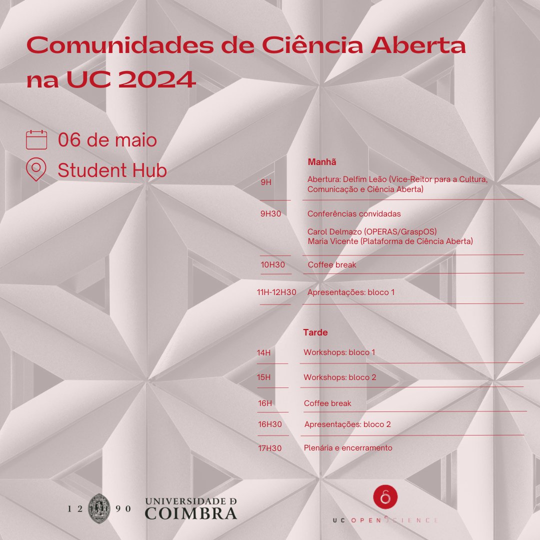 Já pode fazer a sua inscrição para participar na jornada Comunidades de Ciência Aberta na UC 2024!

Confira o programa completo: bit.ly/cca-uc-2024

#CCAUC #CiênciaAberta #OpenScience