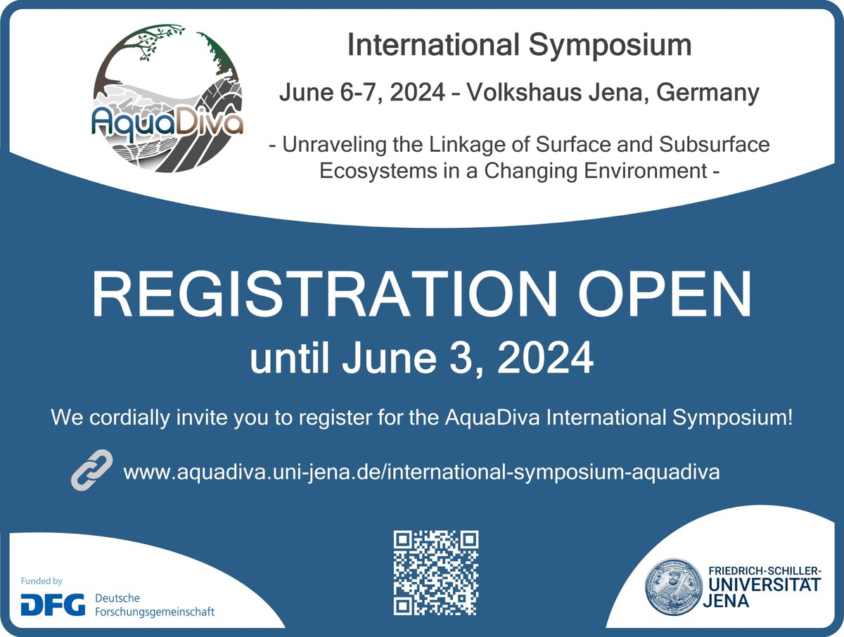 📢REGISTRATION is now OPEN for the International Symposium AquaDiva, 6-7 June in Jena, Germany! 🎉#CriticalZone #groundwater 🌍💧🌳🪨 👉Register until June 3rd! 🔗aquadiva.uni-jena.de/international-…