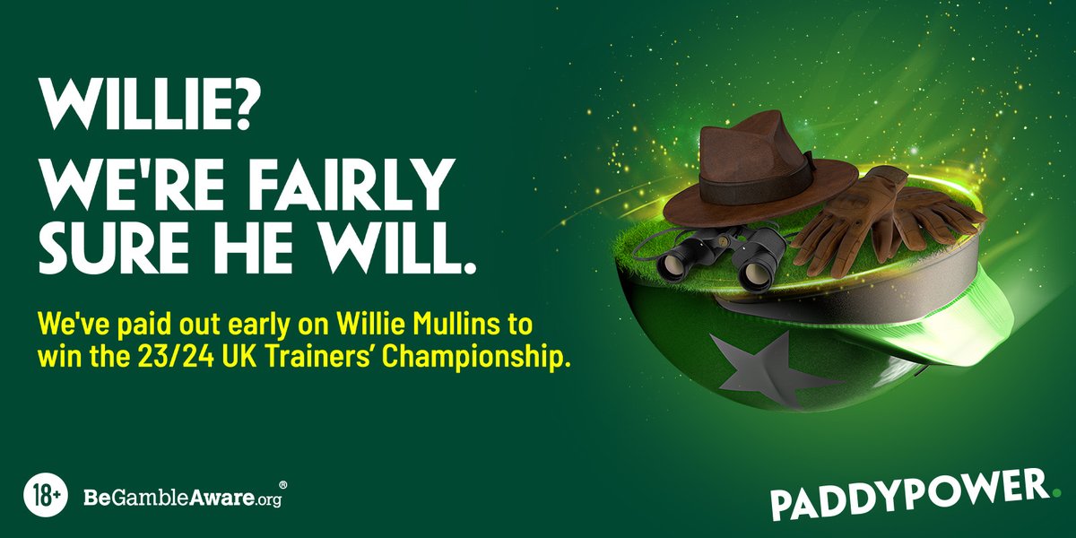 🚨 EARLY PAYOUT🚨

We have PAID OUT on Willie Mullins to win the 2023/24 UK Trainers' Championship 🏇

Applies to bets placed before 1pm on Friday 19th April.