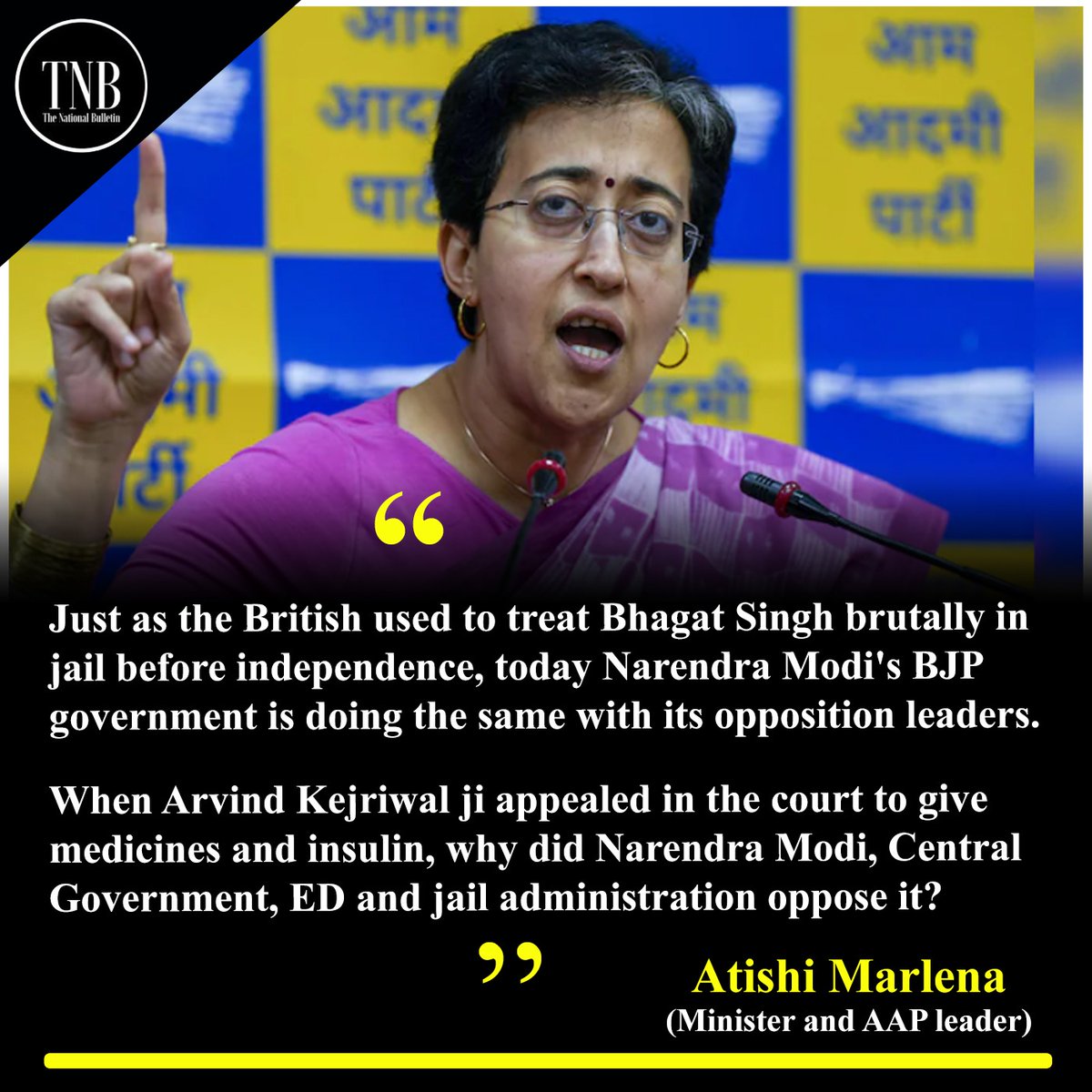 Just as the British used to treat Bhagat Singh brutally in jail before independence, today Narendra Modi's BJP government is doing the same with its opposition leaders. When Arvind Kejriwal ji appealed in the court to give medicines and insulin, why did Narendra Modi, Central…