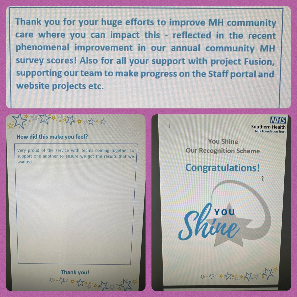 What a way to end the week I received another “you shine award” from @Southern_NHSFT very own @comms_it Although to be fair it’s them that deserve this they are outstanding in what they do Feeling very #humbled #proud #wow #shocked