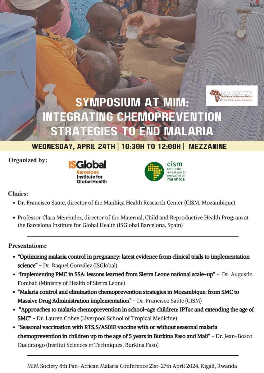 Are you attending #MIM2024? Do not miss this Symposium on Integrating #Malaria #Chemoprevention Strategies, organised by colleagues from @ISGLOBALorg and @Manhica_CISM. On the day of my birthday! 😝🙈