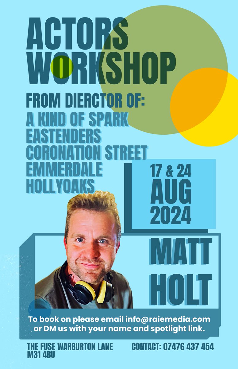 We are so excited to announce we’ve got @mattholttv for our next Actors Workshop on Sat 24 August at the fuse. Matt’s credits include Hollyoaks Corrie, Easterenders Emmerdale Andy & the band, Horrible Histories & the current new TV Series Kind of Spark 📺☀️ DM me to book on.