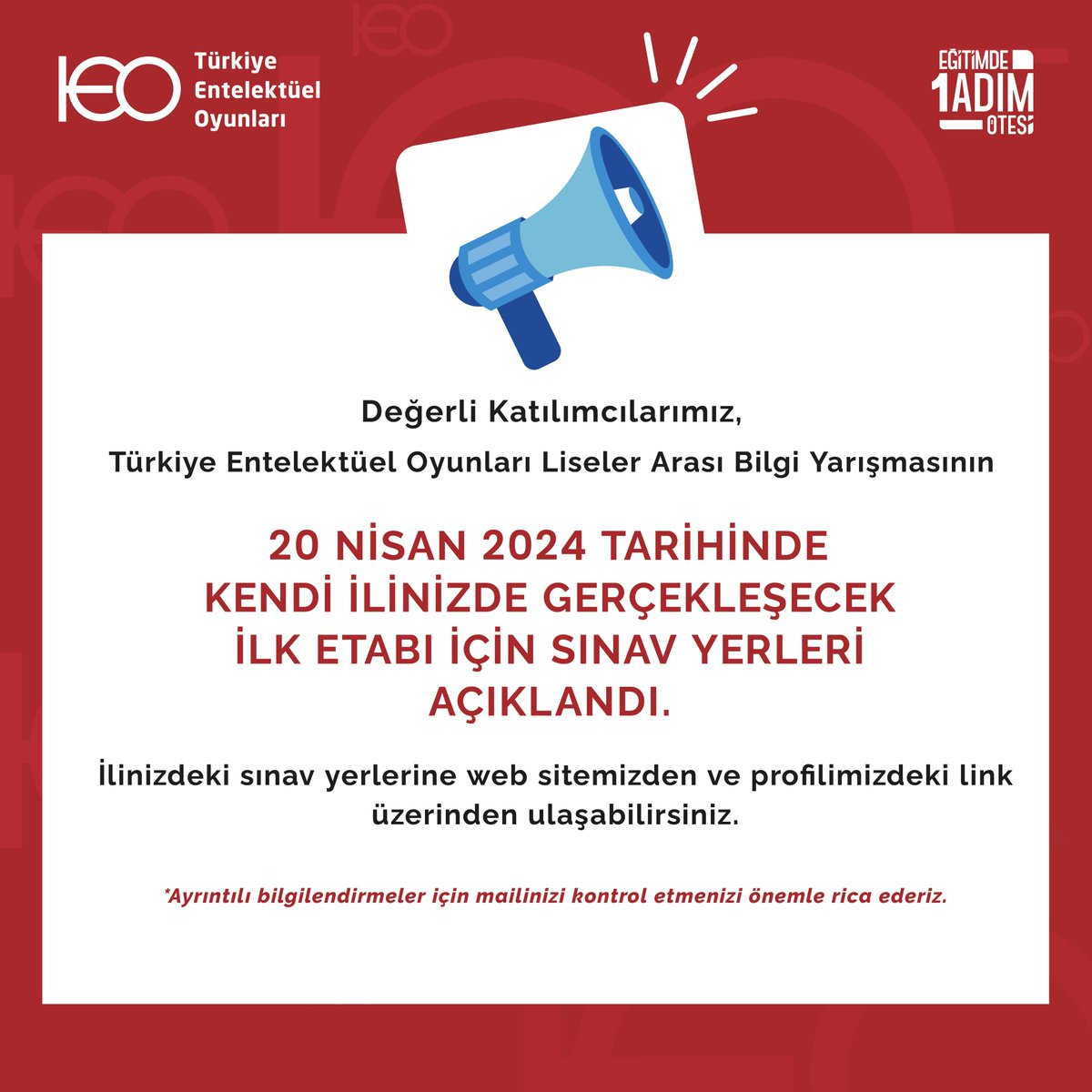 Türkiye Entelektüel Oyunları Liseler Arası Bilgi Yarışması’nın 20 Nisan 2024 tarihinde 10.00 - 10.30 saatleri arasında ilinizde gerçekleşecek olan ilk etabı için sınav yerleri açıklandı! turkiyeentelektueloyunlari.com/sayfalar/sinav…