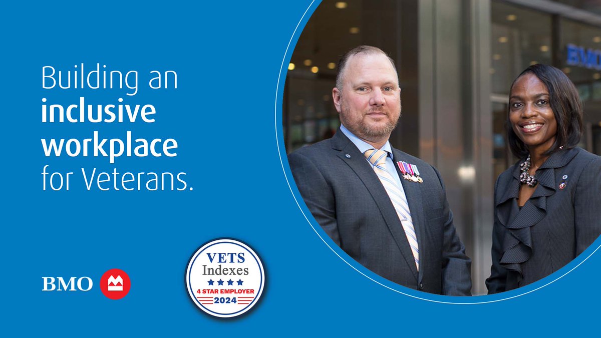We’re proud to share that BMO has earned a 4 Star Employer designation in the 2024 @VETSIndexes Employer Awards for our commitment to recruiting, hiring, developing, and supporting Veterans and the military-connected community. Learn more: spr.ly/6015b3S8F #BMOGrowTheGood