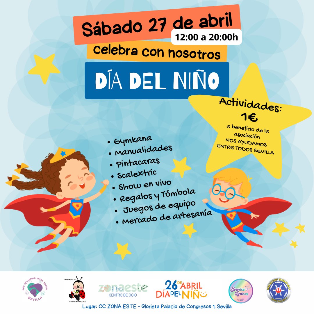 Este 27/4 esperamos a todos los niños en #ZonaEste en: ✔ Un evento benéfico con Juegos infantiles, Animación, Mercado artesanal, Tómbola solidaria y mucho más 👐🏼 Recaudación benéfica para los proyectos infantiles de ‘Nos ayudamos entre todos Sevilla’. ➡ cczonaeste.com/diadelniño2024