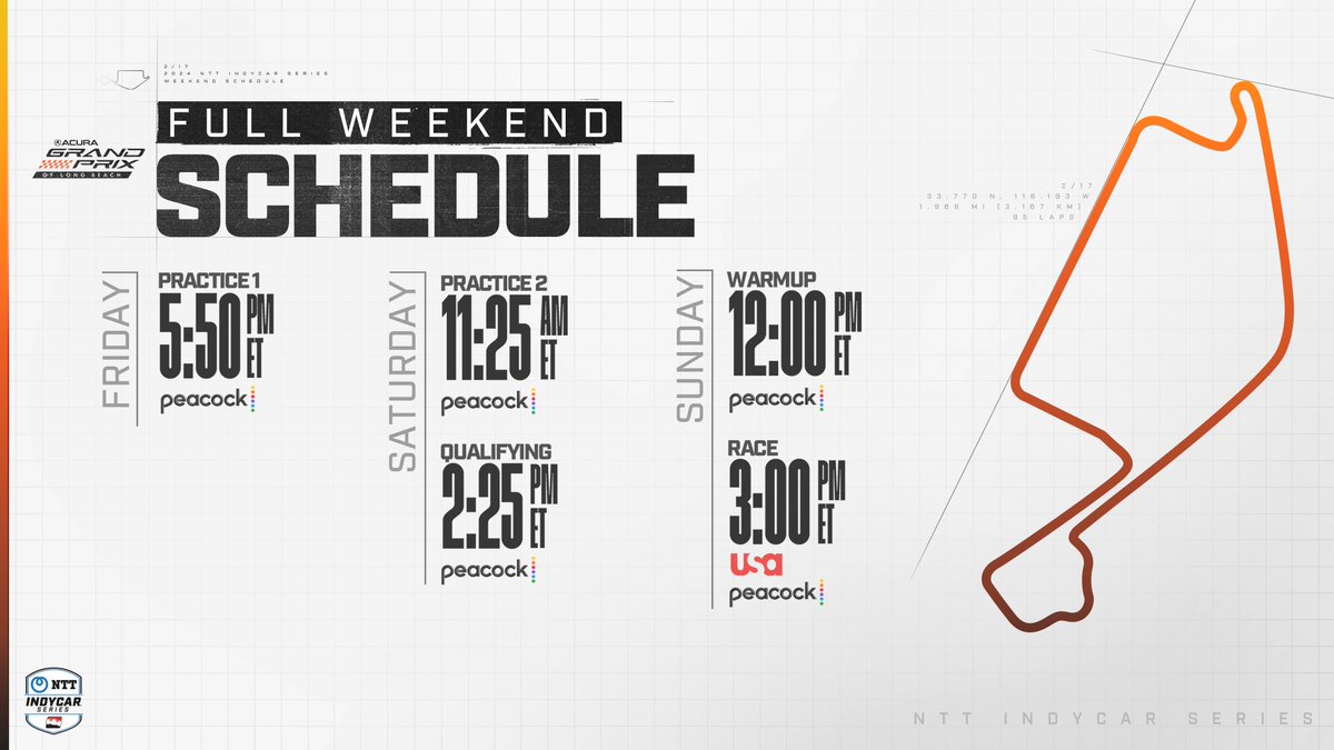 Who’s excited for The 49th annual Acura Grand Prix of Long Beach? Here’s your full weekend schedule. Tune in on Sunday, April 21 at 3 PM ET on @peacock and @usanetwork @gplongbeach @indycar #INDYCAR // #AGPLB // #USA // #Peacock