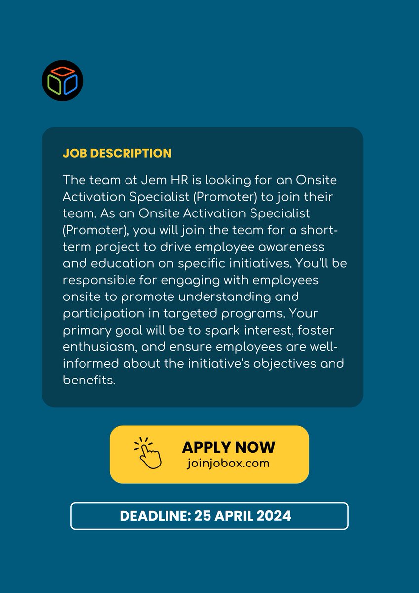 🚨 VACANCY! 🚨

💼 Position: Promoter

🏢 Company: Jem HR

⌛️ Deadline: 25 April, 2024

Sound interesting? Head over to apply (LINK BELOW)  👇 

#jobox #JobSeekersSA #JobVacancy #SouthAfrica #ApplyNow