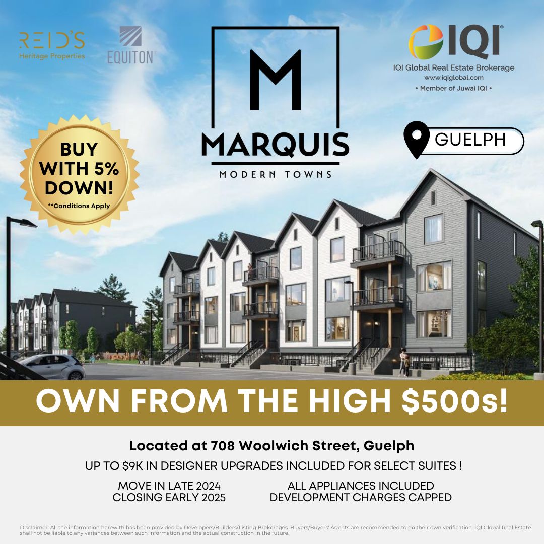 🏠 Buy with 5% down!* Explore Marquis Towns in Guelph from the high $500's! Move in late 2024. Closing 2025. 📍Located at 708 Woolwich Street, Guelph, ON. Contact us! 

*Conditions apply

#HomeBuying #GuelphRealEstate  #MarquisTowns #NewHome #GuelphLiving #IQICanada #IQIPrecon