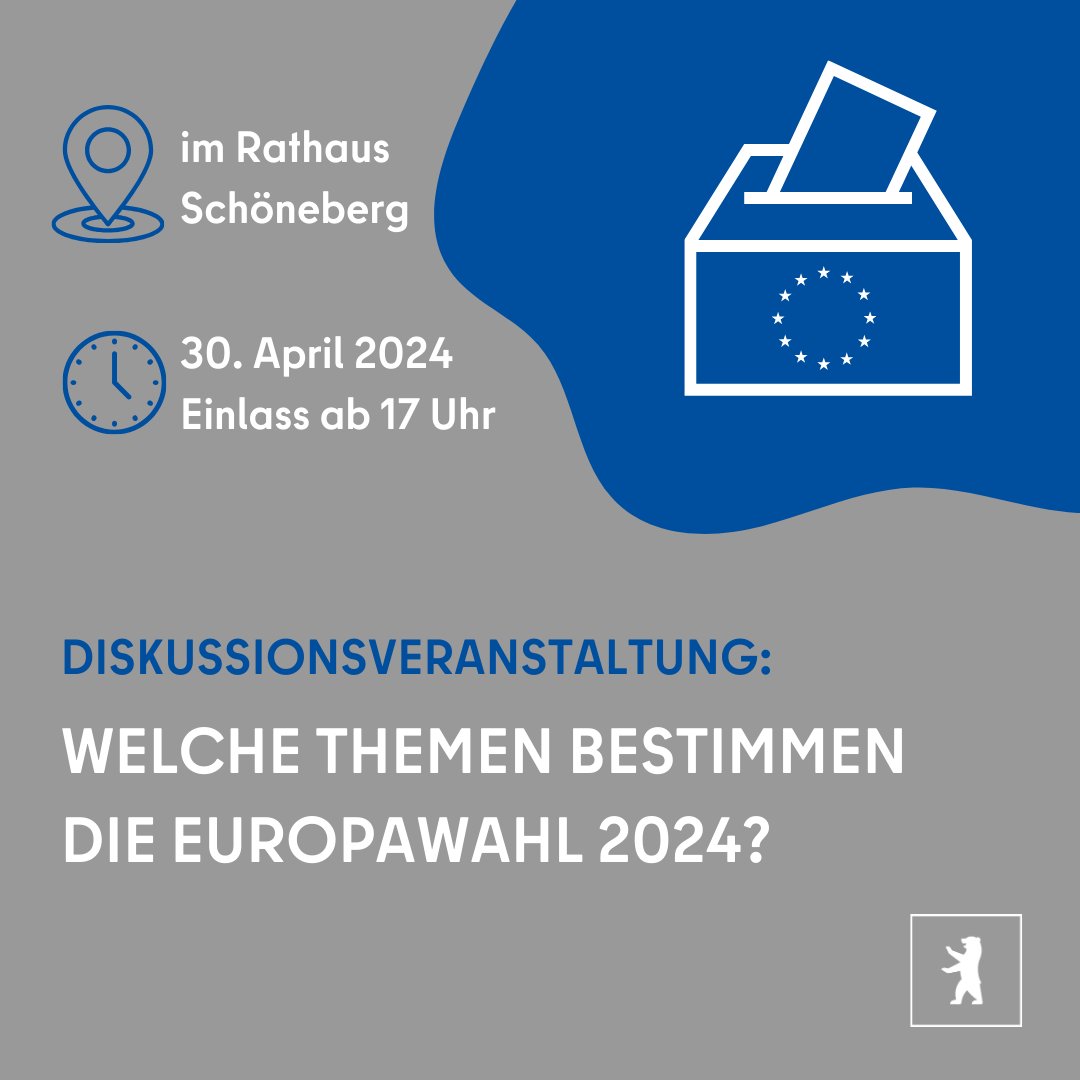 Welche Themen bestimmen die #Europawahl am 9. Juni? Kommt am 30. April um 17 Uhr ins Rathaus Schöneberg und diskutiert mit den Spitzenkandidat*innen der Parteien. ➡️ t1p.de/vt511